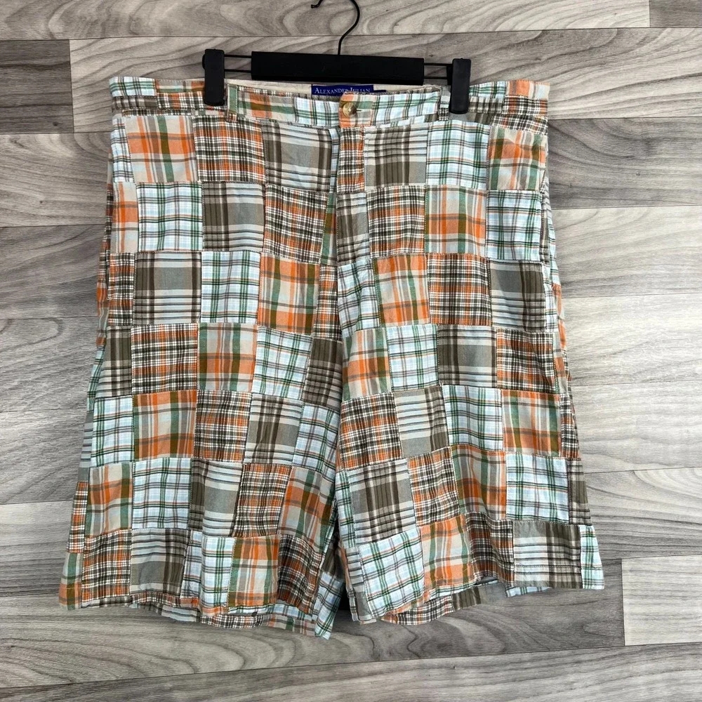 Alexander Julian Southern Style Chino Shorts Men's 38 Multicolor Patchwork Plaid